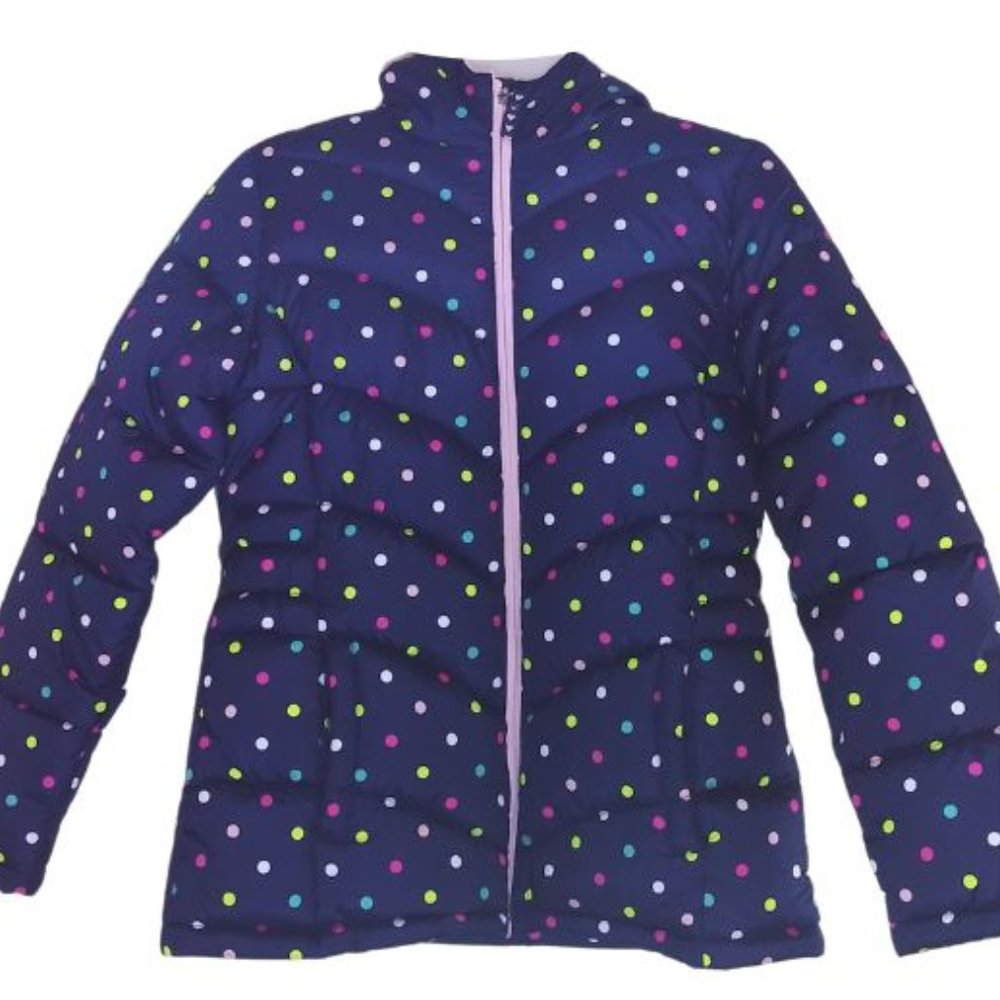 FADED GLORY DARK BLUE MULTI-COLOR POLKA DOT PUFFER JACKET